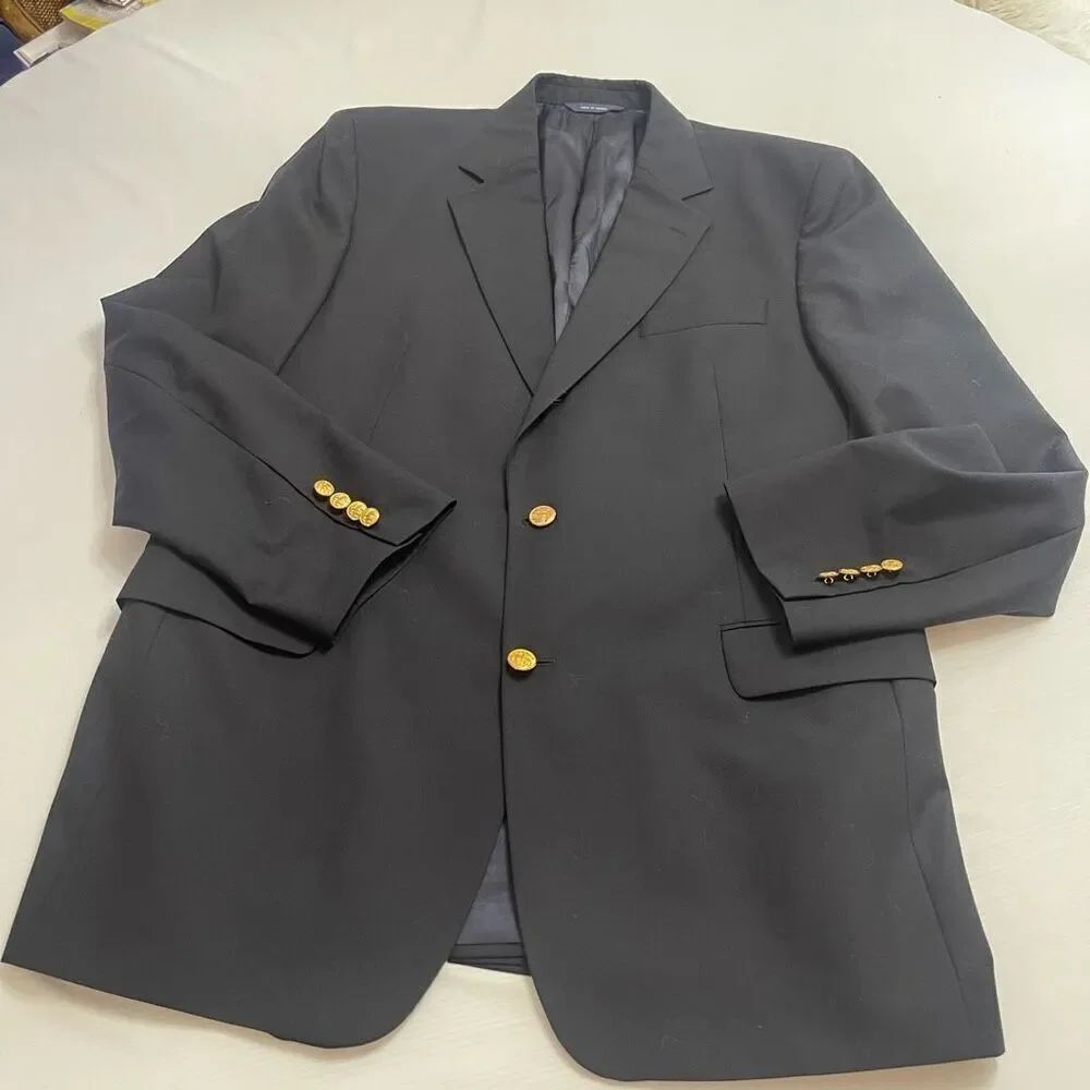 Brooks Brothers Brooksease Loro Piana Navy Blue Wool Gold Button Blazer Size 44L